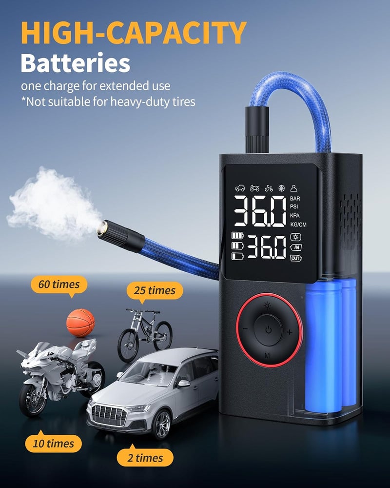 Powools Tire Inflator Portable Air Compressor, 150 PSI Cordless Bike Pump, Air Pump for Auto, Motorcycle, Bicycle, Balls with Pressure Gauge, LED Light & Car Accessories, Black, Standard Capacity - Image 3